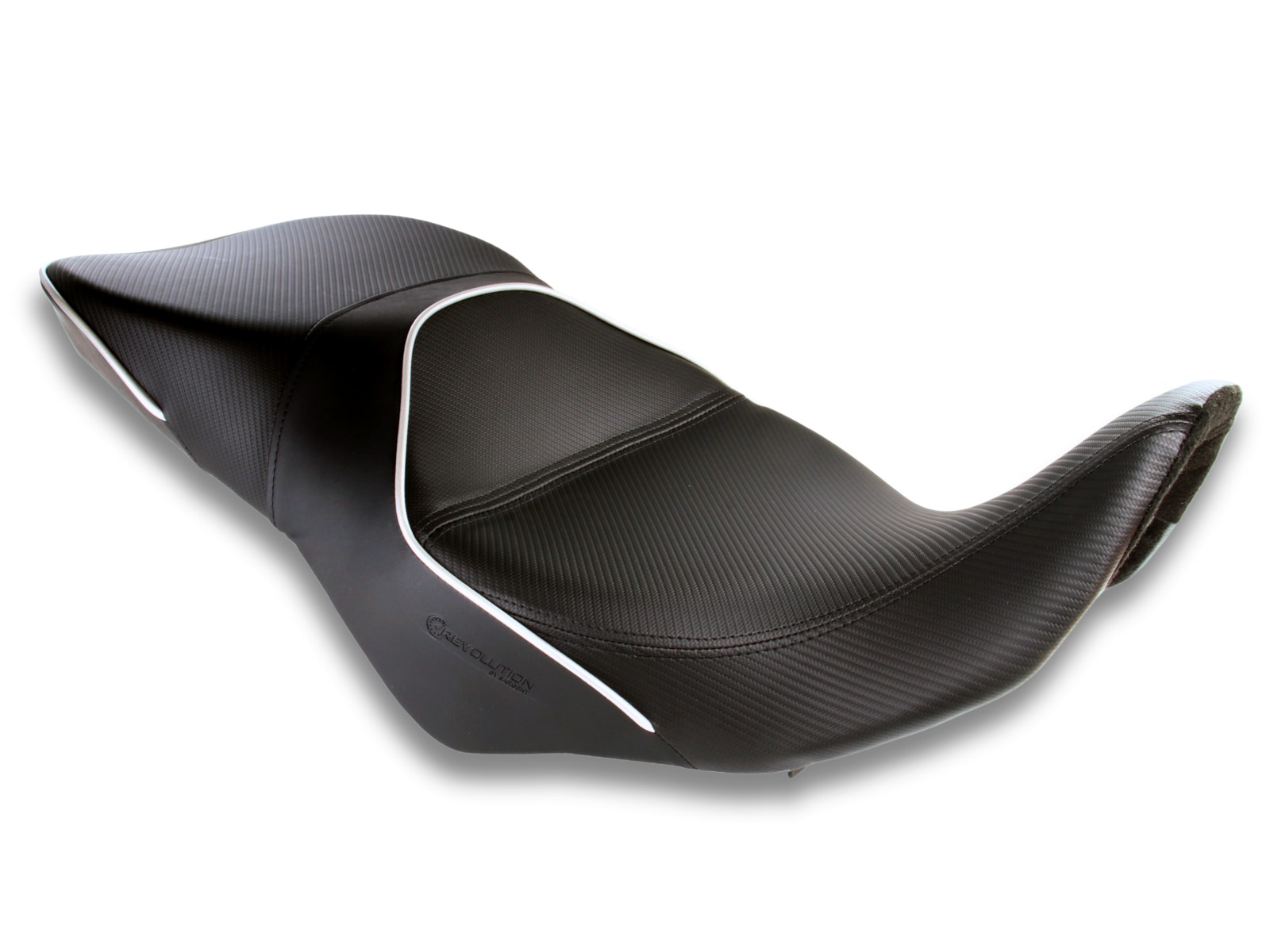 Sargent Cycle Products' REVolution OEM Motorcycle Seat Upgrade for the Suzuki V-Strom 800 2023+ shown with CFX, silver welt, regular height.